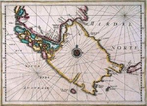 Mapa Leonardo Mercatora z 1630 roku - dopiero w 1624 potwierdzono istnienie południowej drogi Atlantyk - Pacyfik