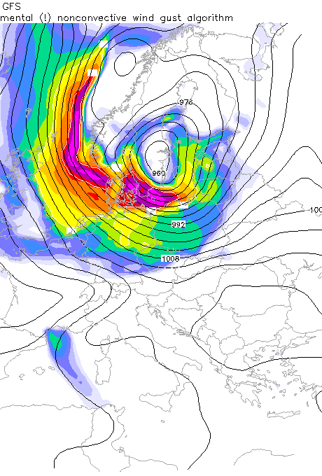 Orkan w pełnej krasie, mapa wygenerowana z modelu NCEP GFS